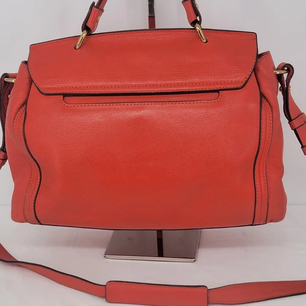 MCM Satchel Handbag Coral Orange Pebbled Leather Gold Hardware 2-in-1 Crossbody